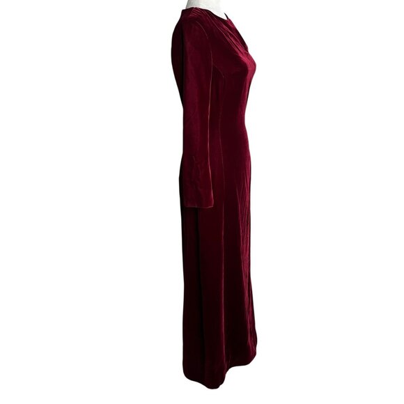 Vintage 50s Velvet Long Sleeve Maxi Dress Small Burgundy Red Lined Metal Zipper - Picture 4 of 10